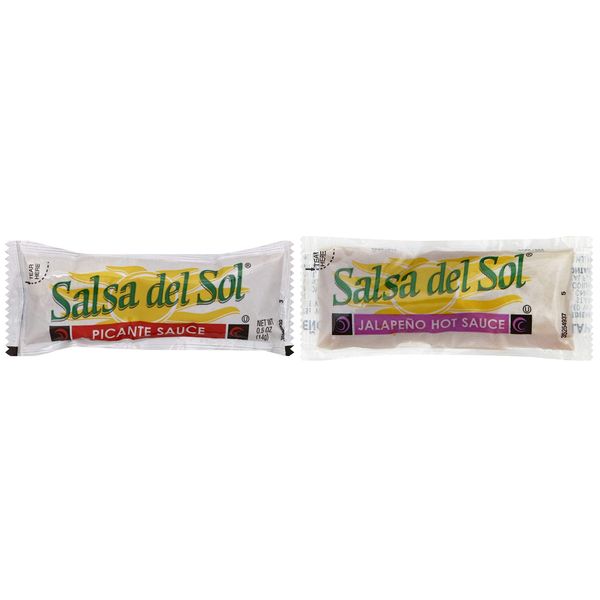 Salsa Del Sol, Picante Sauce and Jalapeno Hot Sauce, 50 Packets of Each (Pack of 100) - Packed in Make Your Day Box