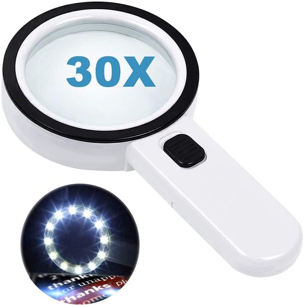 Magnifying Glass with 12 LED Lights, 30X Double Glass Lens Handheld Illuminated Magnifier Reading Magnifying Glass with for Seniors Read, Coins, Stamps, Map, Inspection, Macular Degeneration