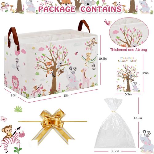 Jungle Pink Elephant Baby Girl Baskets for Baby Shower with Gift Bags, Woodland Animal Greeting Card and Ribbons-Large Baskets for Gifts Empty,Storage Diaper Bin Toy Box for Kids