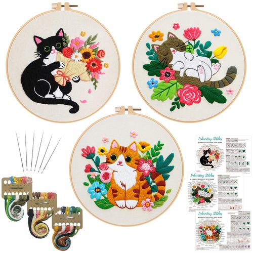 Nuberlic Cat Embroidery Kit for Adults Beginners - 3 Pre-Printed Animal Patterns, Adults Starter Cross Stitch Kit DIY Needlepoint