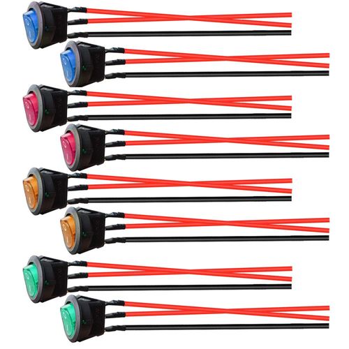 Kiligen 8pcs 12V-24VDC/10A Pre-wired Snap-in Round Boat Rocker Switch Toggle with Switch LED Indicator, SPST On/Off 3 Pins (2 each of red/yellow/blue/green) for Automotive Auto Boat Appliances