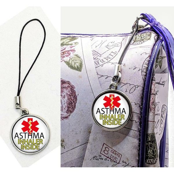 Asthma Medical Alert Inhaler Inside Bag Tag Zipper Pull Purse Backpack Alert