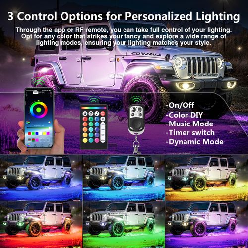 12 Pods RGB LED Rock Lights for Jeeps Trucks Golf Cart Offroad ATV UTV RZR SXS, Waterproof Multicolor Underglow Kit with Dual Zone Brake, Neon Underbody Light with App Remote Control Music Sync 12V