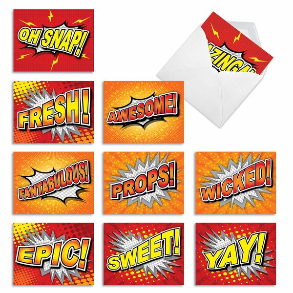 The Best Card Company - 10 Blank Note Cards for Kids (4 x 5.12 Inch) - Cute Assorted Boxed Notecards, Fun Child Cards - Word Bursts M2033