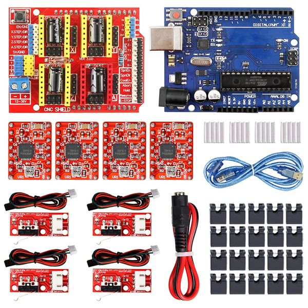 KeeYees CNC Shield Kit with CNC Shield V3.0 + A4988 Motor Driver + R3 Development Board + Heatsink + USB Cable + Endstop Limit Switch + Jumper Pin + DC Power Line Female