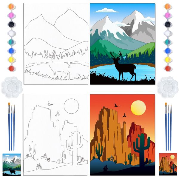 ORIGACH 2 Pack Landscape Theme Pre Drawn Stretched Canvas Painting for Adults, 20x25 CM Mountain River Deer Cactus Landscape Pre Drawn Canvas Kit for Painting, DIY Paint and Sip Party Supplies