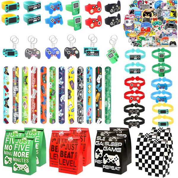 110 Pcs Video Game Party Favors, Gamer party Favors - 12 sets of Gaming Birthday Goodie Bags Included Gift Bags, Game Keychain, Slap Bracelet, Stickers, Game Ring, Hand Strap for Gaming Kids