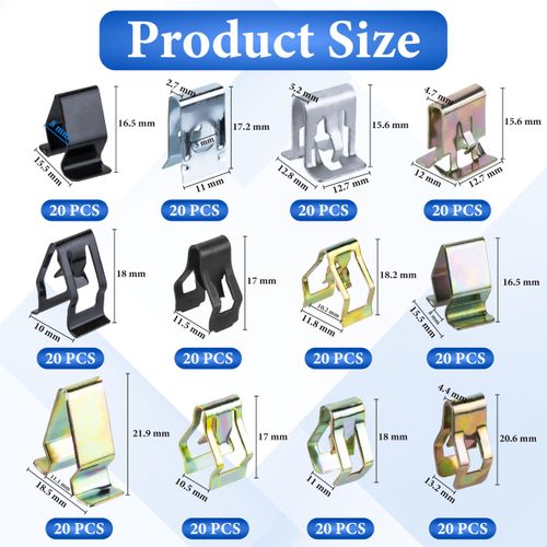 240 PCS 12 Sizes Auto Car U-Clips, Metal Trim Clips, Trim Moulding Clip Kit, Automotive Trim Moulding Fastener Clips, Universal Metal Dash Retainer Clips Replacement for Most Cars