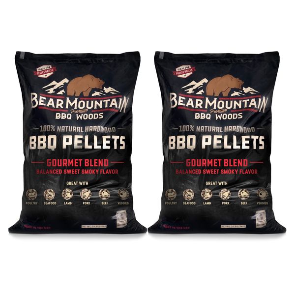 Bear Mountain 20 Pound Bag of Premium All Natural Low Moisture Hardwood Smoky Gourmet Blend Barbecue Smoker Pellets for Outdoor Grilling, 2 Pack