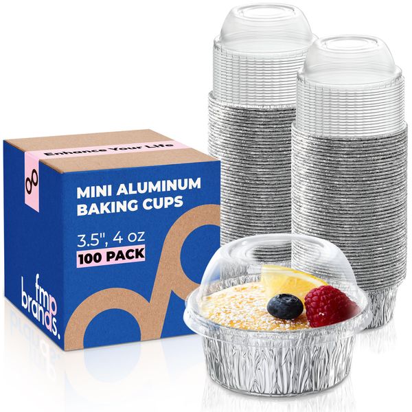 Fit Meal Prep 100 Pack 4 oz Disposable Foil Ramekins with Lids, Mini Aluminum Foil Baking Cups, Freezer & Oven Safe Creme Brulee Ramekin Disposable, Aluminum Cupcake Liners for Pudding Muffin Dessert