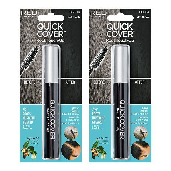 RED by Kiss Quick Cover Root Touch Up Rescue, Mascara Natural Water-Resistant Temporary Gray Concealer Cover Up Brush for Hair Mustache & Beard (Jet Black) (2Pcs)