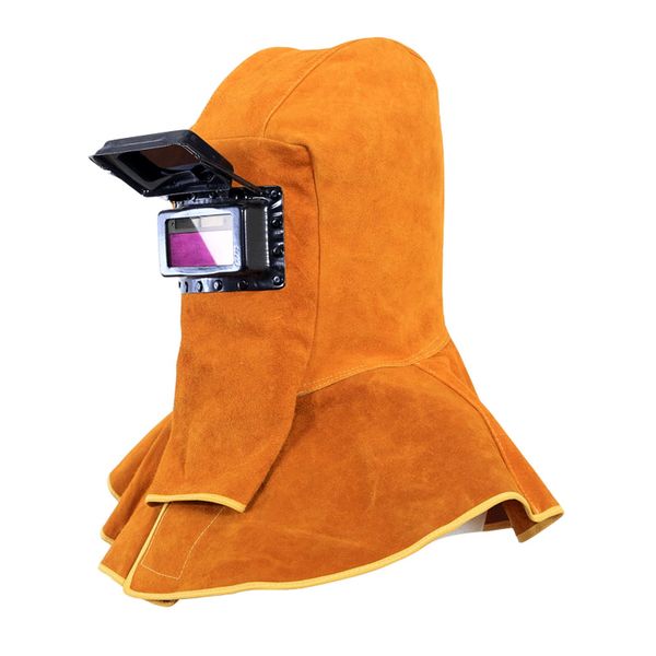 Cowhide Leather Welder Hood Welding Helmet Protective Gear Mask Work Cap with Neck Shoulder Drape,Solar Auto Darkening Filter Lens