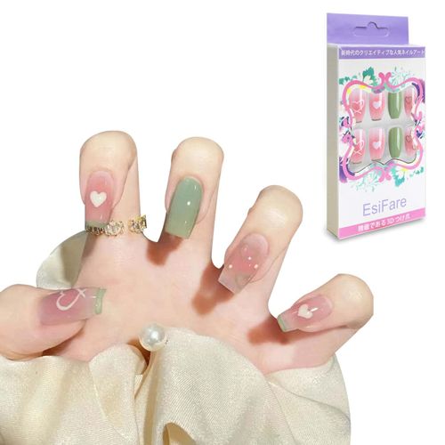 Nail Tips, 24 Pieces, Spring and Summer, Nail Tip, Green, Double-sided Tape, Nail File Included, Popular, For Coming of Age of Age Ceremonies, School Entrance Ceremonies, Graduation Ceremonies, Weddings, Parties, Daily Life