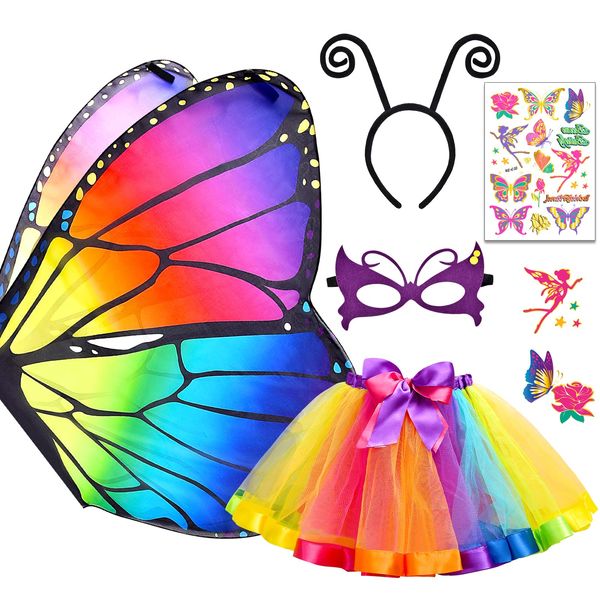 Tacobear 5pcs Kids Butterfly Costume for Girls Butterfly Wings Cape Butterfly Dress Up Set with Tutu Skirt Headband Mask Butterfly Tattoos Party Favours Carnival Cosplay Halloween Costume (Colorful)