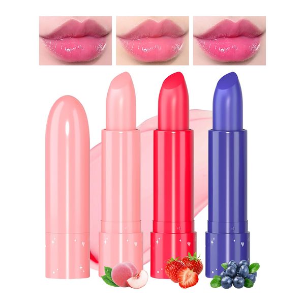 Prreal 3 Piece Colour Changing Lip Balm Set, Moisturising Temperature Lipstick, Crystal Jelly Lipstick, Waterproof Long-Lasting Fruity Colour Change Lipstick for Lip Care Dry Lips(Set A)