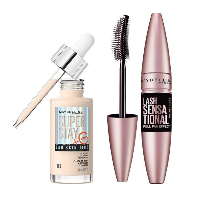 Maybelline New York Lash Sensational Yelpaze Etkili Intense Black Maskara - Ekstra Siyah & Super Stay Skin Tint Fondöten - 03 Makyaj Seti