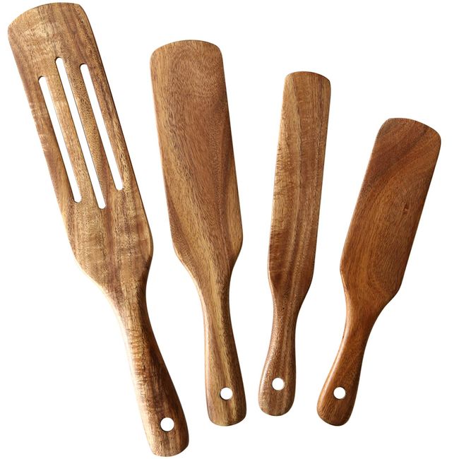 Wooden Cooking Utensils, NAYAHOSE 4 Pcs Natural Teak Kitchen Utensil Set Heat Resistant Non Stick Wood Cookware with Hanging Hole, Slotted Spurtle Spatula Sets for Stirring, Mixing, Serving