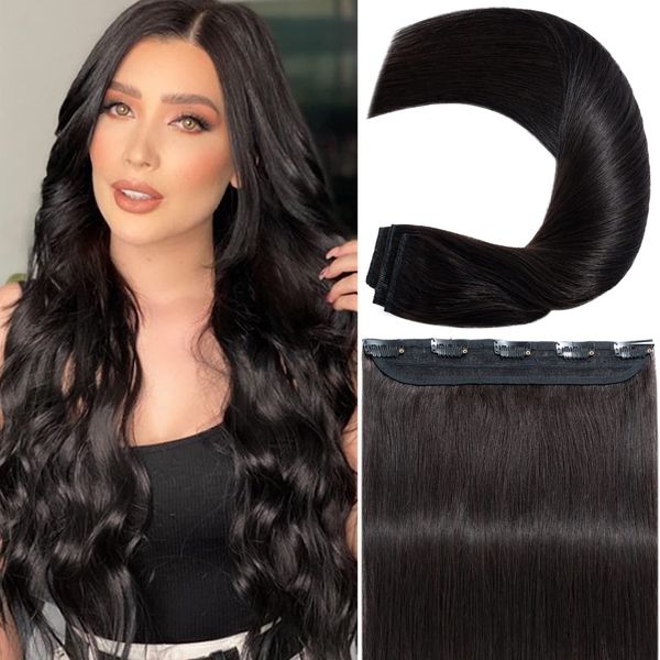 S-noilite Clip in Hair Extensions Human Hair Clip in Human Hair One Piece/5 Clips/3/4 Full Head Standard Weft Clip in Extensions 100% Remy Human Hair Straight 12 Inch/40g (#1B Natural Black)