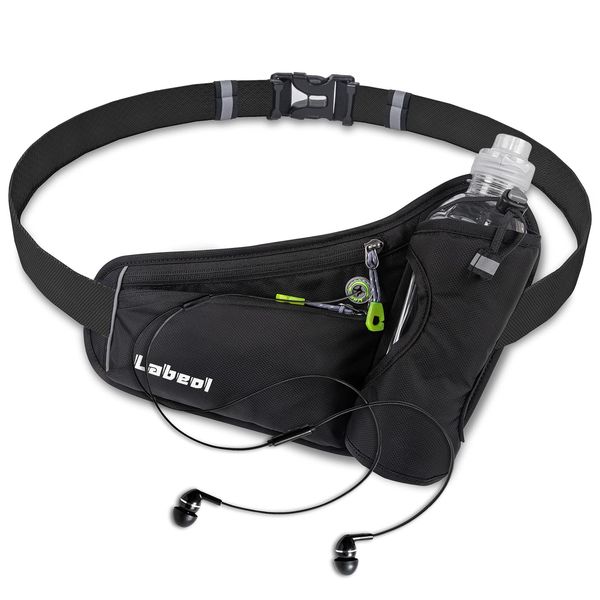 Labeol Running Water Bottle Hydration Belt with Water Bottle Holder Hiking Walking Waist Pack Reflective Adjustable Fanny Pack Compatible for Phone Waistband Outdoor Running Belt (Black)