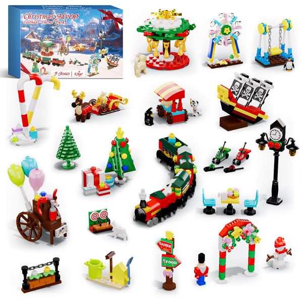 Taojiyuan Advent Calendar 2024 Building Blocks Set for Kids, 24 Christmas Vacation Advent Calendar Building Sets, Create Your Own Christmas Village and Amusement Park (620PCS)