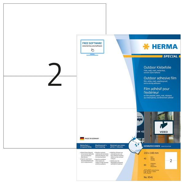 HERMA Stretchable Self Adhesive Weatherproof Foil Labels, 2 Labels Per A4 Sheet, 80 Labels for Laser Printers, 210 x 148 mm (9541), White