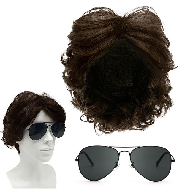 SKHAOVS 2Pcs Mens Wigs with Sunglasses 70s 80s Disco Short Curly Layered Curly Wig Dude Wig Handsome Men's Daily Wig Punk Rock Wig Cosplay Carnival Halloween Character Costume Wig (Brown-2)