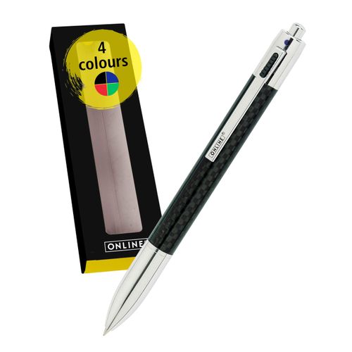 ONLINE 4-color Carbon ballpoint pen| multifunctional pen | 4 medium sized refills - blue, red, green, black | refillable ballpoint pen| stylish black carbon pen with gift box