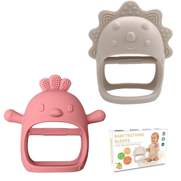 JUSONEY Baby Teethers, 2 Packs Anti-Drop Silicone Teething Toys for Infants 12+ Months, Baby Teething Gloves 3D Chicken and Triceratops Shape Prevent Finger Sucking for Breast Feeding Babies