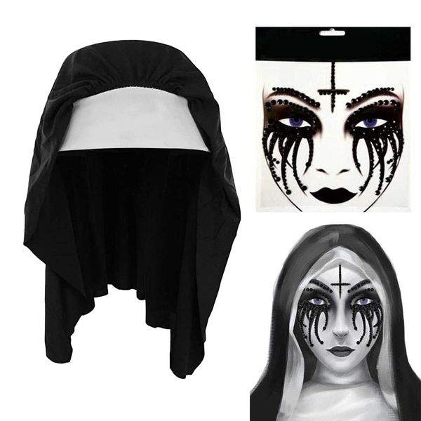 Saturey Halloween Nun Costume Accessories Set, with Nun Temporary Rhinestone Temporary Face Tattoo for Halloween Festival Rave Party Outfit for Halloween Cosplay Party, black, M