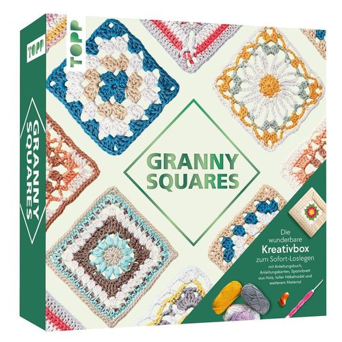 Die wunderbare Kreativbox Granny Squares: Anleitungsbuch, Anleitungskarten, Spannbrett, Maschenmarkierer, Scherenring, Häkelnadel, Baumwollgarn