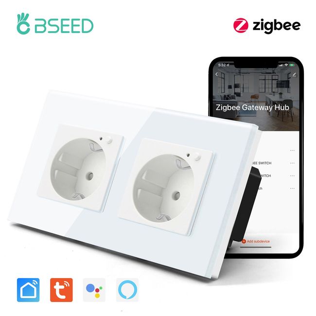 BSEED Wall Light Switches Glass Panel Wifi Dimmable Switches Google Alexa  Smart Double Sockets Power Outlets