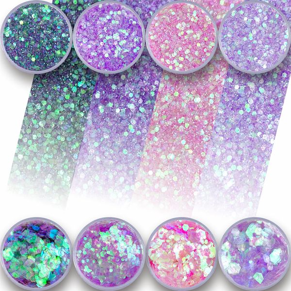 𝐆𝐀𝐁𝐎𝐗 8 Jars Cosmetic Chunky Glitter Purple Pink Green Color Mix, Holographic Nail Resin Glitter, Fine Powder+1mm+2mm+3mm Sequins Flakes, Iridescent Art Glitter Set for Body Face Eyes Hair Crafts