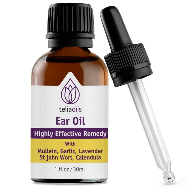 Teliaoils Natural Ear Drops Essential Oil with Garlic and Mullein - Herbal Ear Oil Remedy for Easy Earwax Removal, Discomfort & Ringing Relief - Natural Soothing, Deep Cleansing Properties - 1 oz.