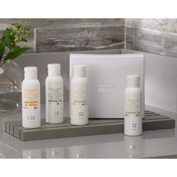 Atelier Bloem Travel Gift Set with Mandarin & Citrus Body Wash, Kadota Fig Body Lotion, Oolong Tea Shampoo, and Geranium Conditioner - Includes Gift Box - 1.7 oz. Bottles