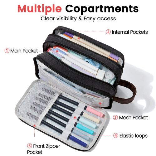 Sooez Large Pencil Case Pouch, Extra Big Pencil Pouch Pencil Bag with PU Handle & Zipper, Sturdy Pen Case with 3 Compartments, Aesthetic School College Supplies Organizer for Men Women Boys, Gray