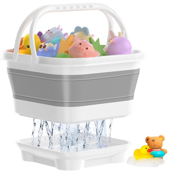 Anivia Foldable-Bath-Toy-Storage-Organizer - Bath Toy Holder with Removable Base, Quick-Drain-Drying Bathtub Toy Storage, Basket Bathroom Shower Toys Holder for Kids (Gray)