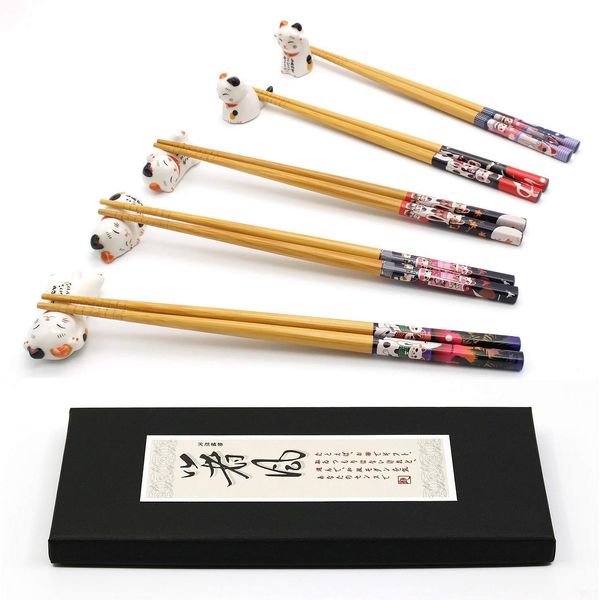 5 Pairs Chopsticks and Chopstick Rest Set, Cute Lucky Cat Chopsticks Holder 5 Cats, Classic Japanese Style Bamboo Natural Reusable Chopsticks, Dishwasher - Safe (Cute cat)