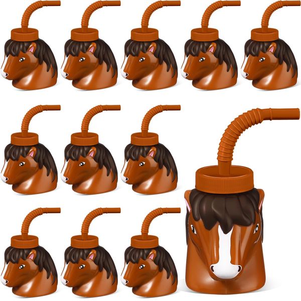 Roshtia 12 Set Farm Animal Cups with Straws and Lids 11 oz Plastic Reusable Animal Themed Cups Cute Animal Sippy Cups for Kids Birthday Farm Theme Party Favor Supplies (Horse)