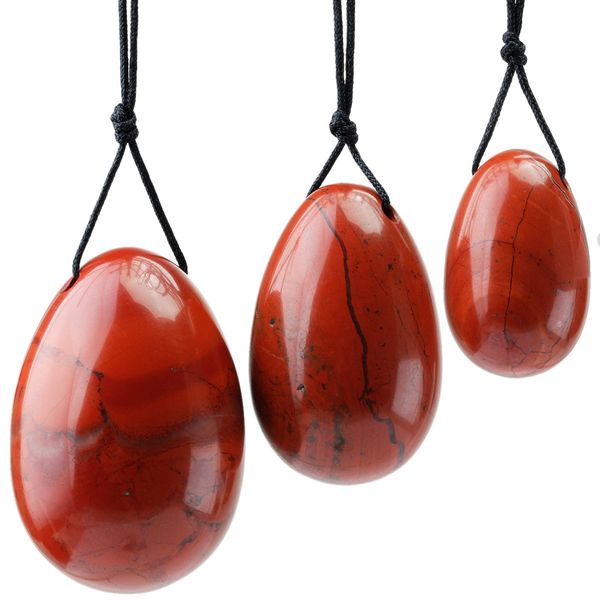 Shanxing Red Jasper Yoni Eggs Set of 3, Predrilled, with Unwaxed String, Massage Stone for Women to Train Pelvic Muscles Kegel Exercise