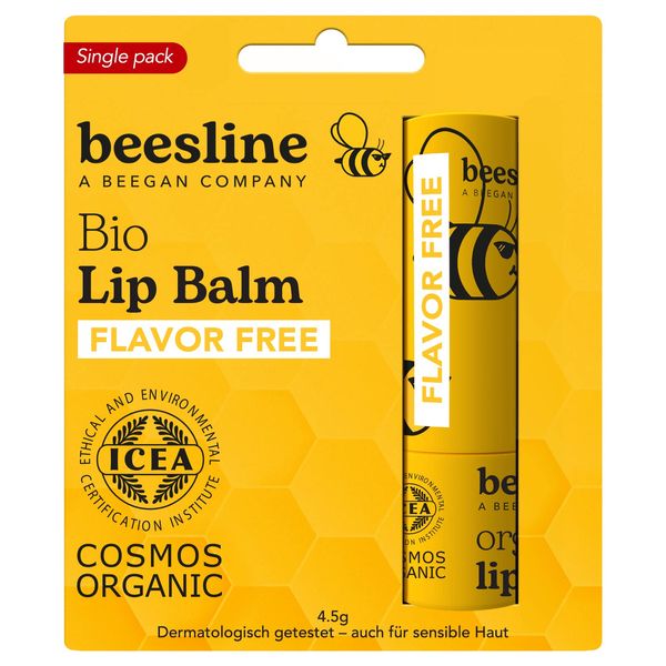 BEESLINE Organic Lip Balm Flavor Free für trockene Lippen, Lippenbalsam mit Bienenwachs, Lipstick mit Beeswax, beegan