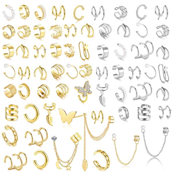 BESTEEL 66 Pcs Ear Cuff Earrings for Women Non Piercing, Hypoallergenic Fake Earrings, Silver Clip on Cartilage Earrings for Sensitive Ears, Gold Ear Wrap Earrings for Helix Cartilage, Cross X Double Line Cat Claw Cz Pearl Star Butterfly Ear Cuffs Non Pie