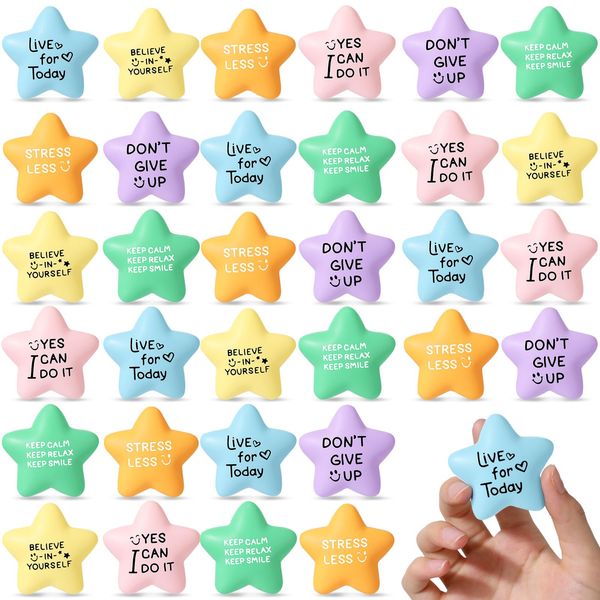 Libima 30 Pcs Motivational Star Stress Balls for Kids and Adults 2.2 Inch Stress Relief Ball with Quotes Colorful Foam Ball Inspirational Hand Exercise Toys for Relieve Anxiety School Reward Favors