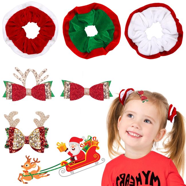 6 Stück Weihnachten Haarspangen und Samt Haargummis Set, Elastische Haar Scrunchies Geweih Haarspangen Weihnachten Haarschmuck für Mädchen Frauen Damen