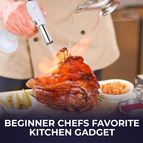 Jo Chef FireClick Creme Brulee Torch – 2,370°F Food Torch with Safety Switch, One-Hand Use, Refillable Adjustable Flame Lighter with Safety Lock for BBQ, Baking, Brulee Creme – 2 Butane Cans Included