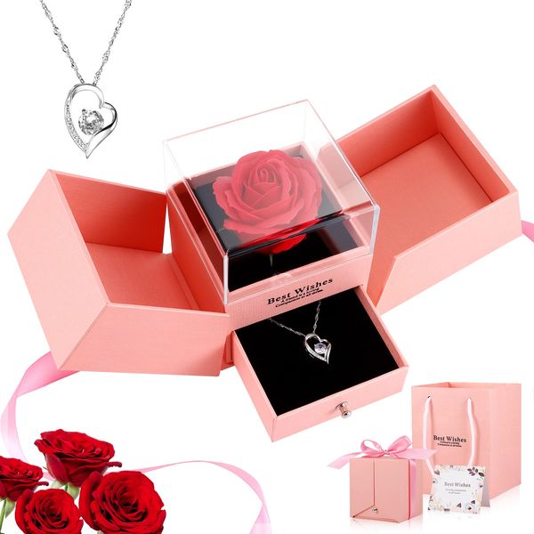 DEECOZY Forever Red Rose Jewelry Gift Box, Jewelry Box with hangbag, Card, Jewelry Box Gift Box Gift for Valentines Day/Anniversary/Birthday, Mothers Day