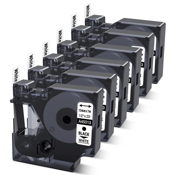 6X Compatible with Dymo D1 Label Tape 45013 12mm S0720530 Replace for DYMO Label Maker Refills a45013, Black on White for Dymo LabelManager 160 420P 210D 280 360D PnP