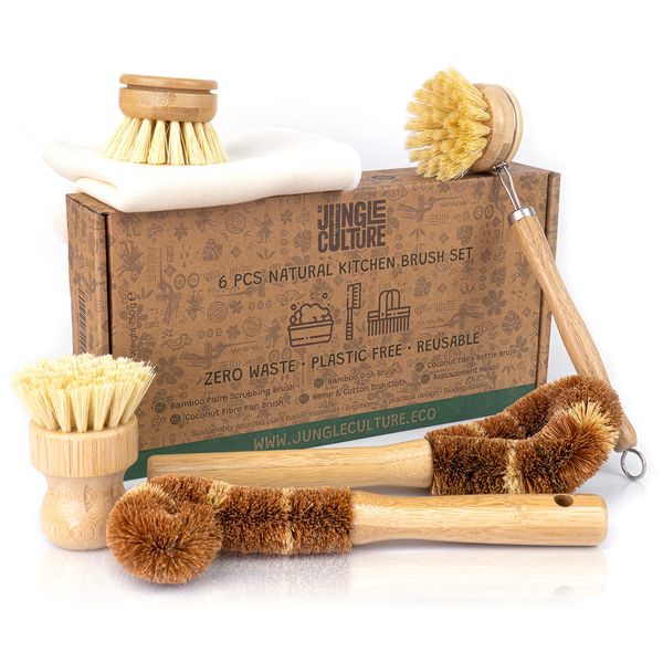 Jungle Culture® 6 Piece Wooden Washing Up Brush Set • Bamboo Dish Cleaning Brushes for Kitchen • Plant Based Eco Pot Scrubbers • Bottle Brush & Eco Friendly Scourer Sponge for Pans & Dishes