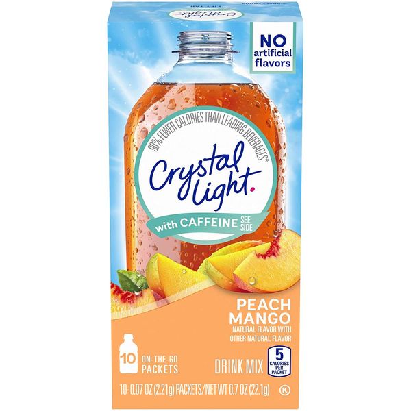 Crystal Light On The Go Peach Mango With Caffeine Drink Mix, 10-Packet Box (Pack of 5)