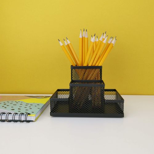 D.RECT Desk Organiser, Pen Holder, Metal Desk Organiser, Office Tray with Memo Holder, Mesh 103 x 154 x 103 mm, Black, (110446)