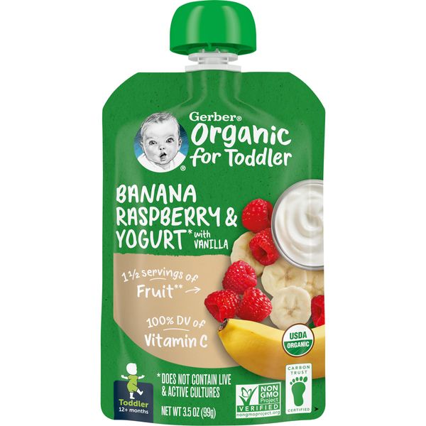 Gerber Organic Baby Food Pouches, Toddler, Banana Raspberry Yogurt Vanilla, 3.5 Ounce (Pack of 12)